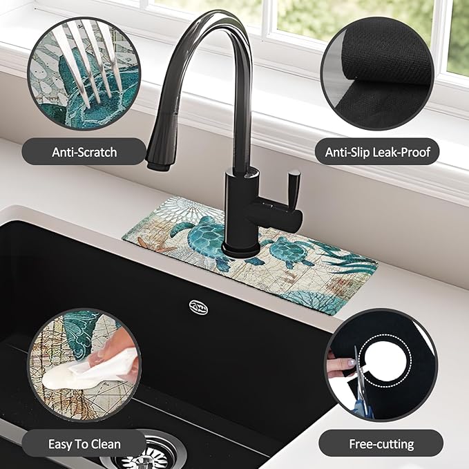 2PCS 15" X 5.5" Kitchen Sink Splash Guard Faucet Mat Sea Turtles Super - Image 6