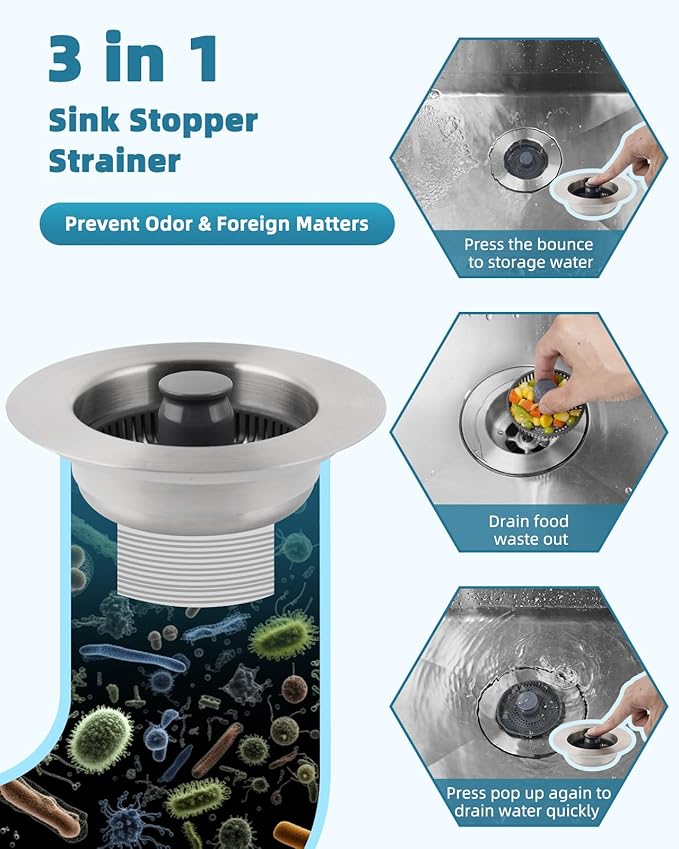 Hygie Rinse Universal Kitchen Sink Stopper Strainer 2PCS 3-in-1#304 Stainless - Image 4
