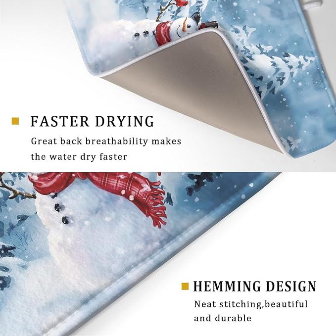 Blue Snowman Dish Drying Mat Winter Pine Tree Drainer Rack Mats 18x24 Inch - Image 3