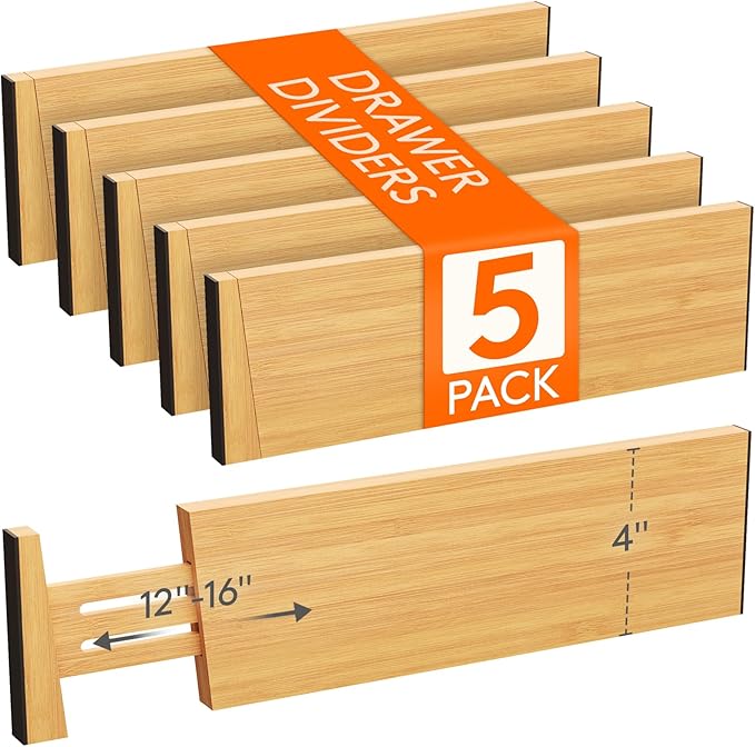 Lifewit 4" High 5 Pack Bamboo Drawer Dividers 31-40cm/12-16 Adjustable Wooden by Lifewit