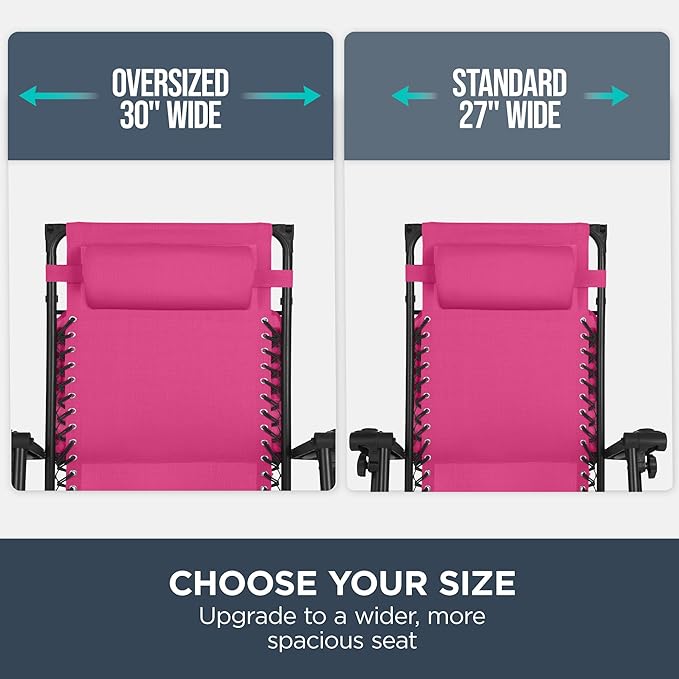 Best Choice Products 30” Wide Folding Zero Gravity Outdoor Recliner Patio Lounge Chair w/Adjustable Canopy Shade, Headrest, Side Accessory Tray - Hot Pink/Black - Image 4