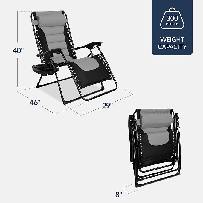 Best Choice Products Oversized Padded Zero Gravity Chair, Folding Outdoor Patio Recliner, XL Anti Gravity Lounger for Backyard w/Headrest, Cup Holder, Side Tray, Polyester Mesh - Gray - Image 3