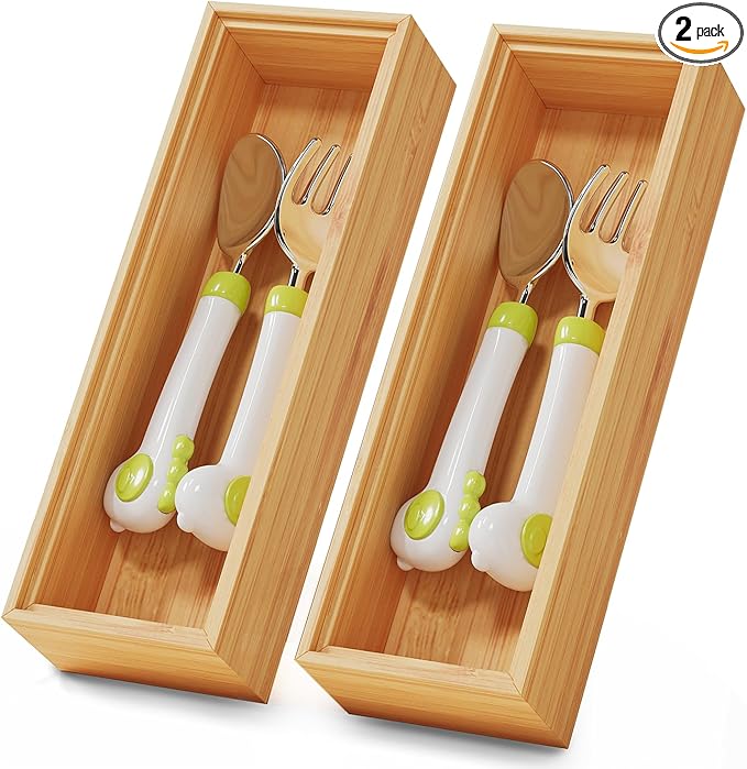 Bamboo Kitchen Drawer Organizer Boxes – 9" x 3" Stackable Wood Silverware by LOCHANTIE