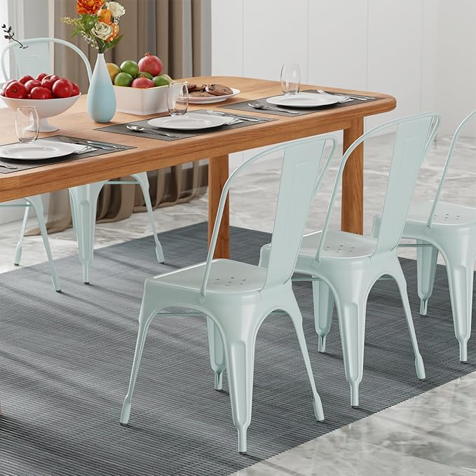 FDW | Set of 4 Metal Dining Chairs | Blue | Stackable Tolix Side Chairs with Backrest | Scratch-Resistant | Non-Slip Feet | Indoor/Outdoor Use | 330 lbs Capacity | Ideal for Kitchen & Restaurant - Image 2