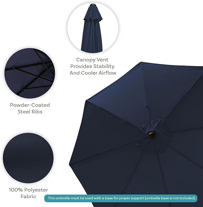 Sunnydaze Outdoor Patio Umbrella - Polyester Table Market Umbrella with Push-Button Tilt and Crank - 8 Sturdy Ribs - Navy Blue - 9ft - Image 4