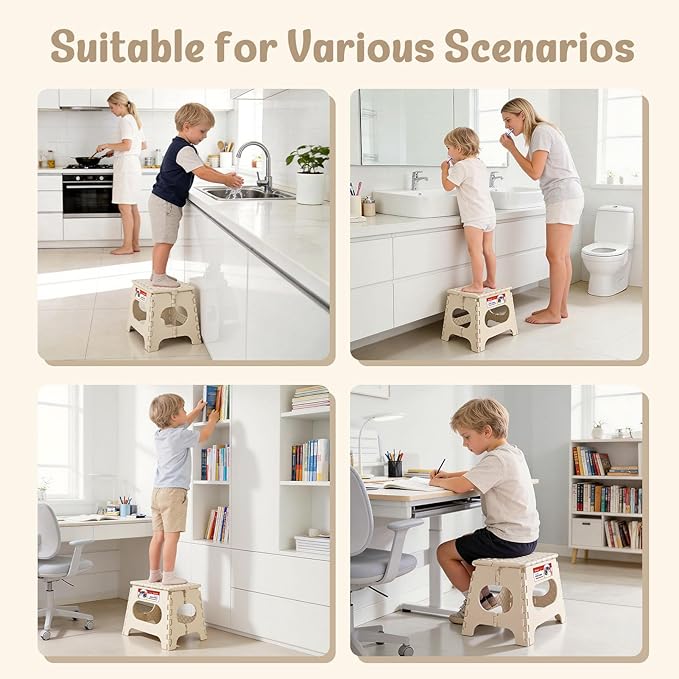 ACSTEP Folding Step Stool 11 Inch, Sturdy Plastic Foldable Step Stool for Kids & Adults, Non Slip Lightweight Collapsible Foot Stools Holds 300 lbs, Ideal for Kitchen, Bathroom, Outdoor, Khaki - Image 2