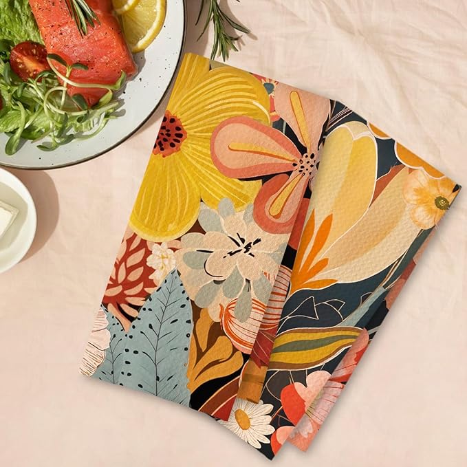 Abstract Boho Floral Kitchen Towels Set of 2, Maximalist Colorful Flower Hand - Image 4