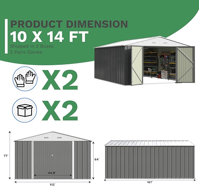 Patiowell 10x14 FT Outdoor Storage Shed, Large Metal Garden Shed with Lockable Door and Sloping Roof, Outside Steel Utility Tool Sheds for Backyard Lawn Garden Patio, Grey - Image 6