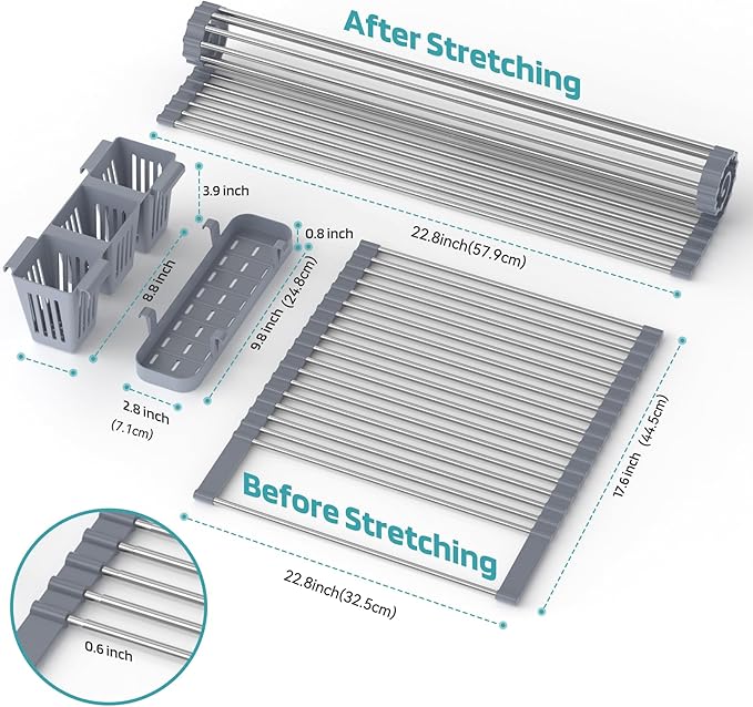 Extra Large Expandable Roll Up Dish Drying Rack Up to 22.8''with 2 Storage - Image 3