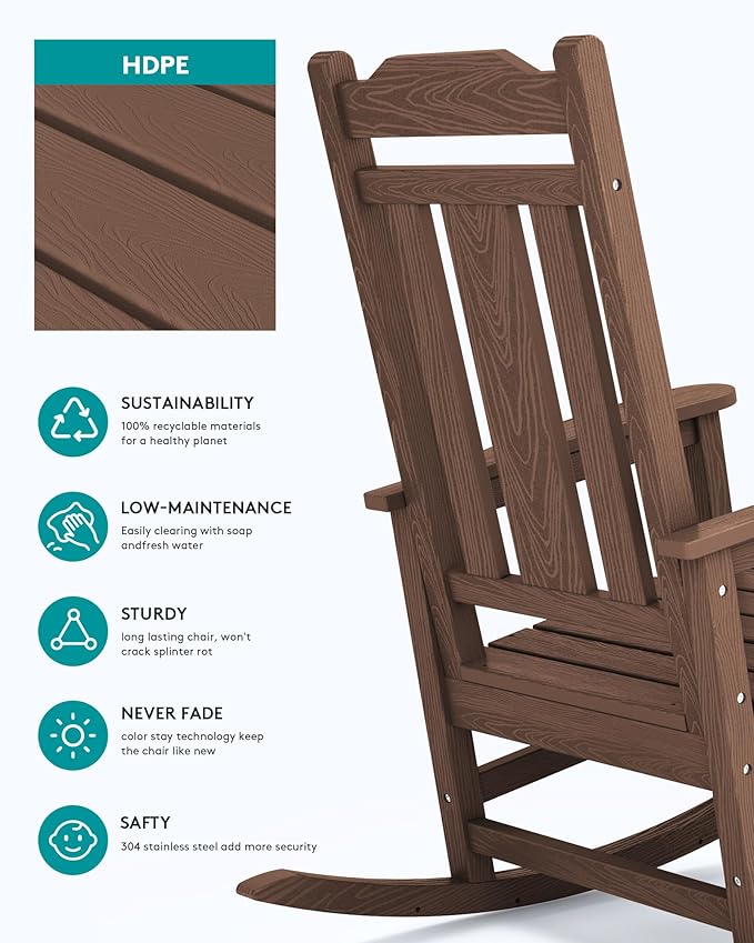 SERWALL Outdoor Rocking Chair Set of 6, Patio Rocking Chairs Set, HDPE Rocking Chair Outdoor for Adults, Heavy Duty Front Porch Rocker, Coffee - Image 5
