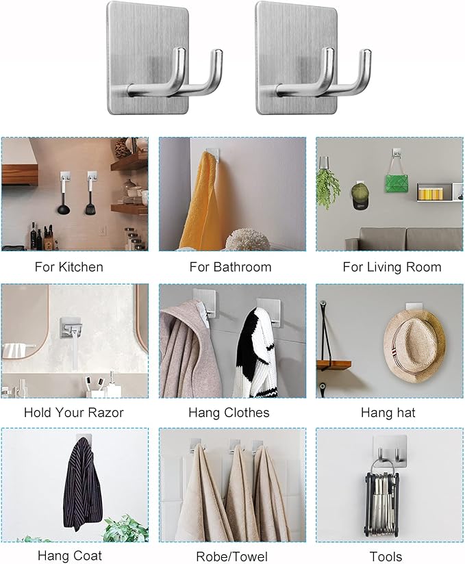Adhesive Hooks, Razor Holder for Shower, Stick Bathroom Wall Towel Hooks - Image 2