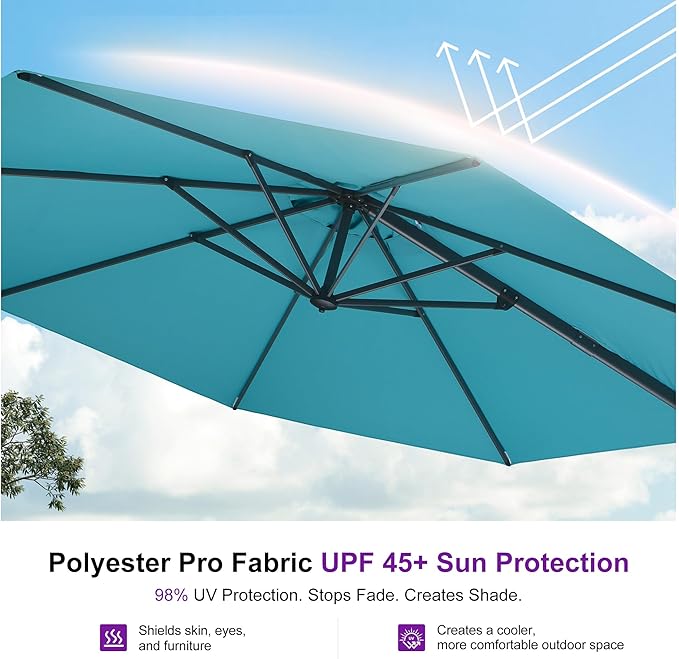 PURPLE LEAF 10 Feet Patio Umbrella with Base and Cover Round Outdoor Cantilever Umbrella Aluminum Offset Umbrella with 360-degree Rotation for Garden Deck Pool Patio Turquoise Blue - Image 6