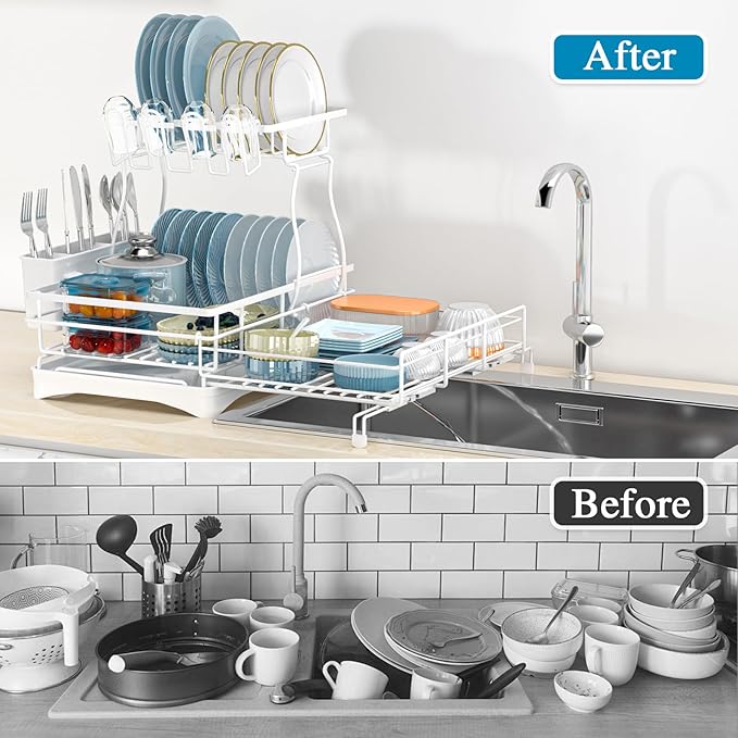 2 Tier Dish Drying Rack, Large Extendable Dish Racks - Image 8