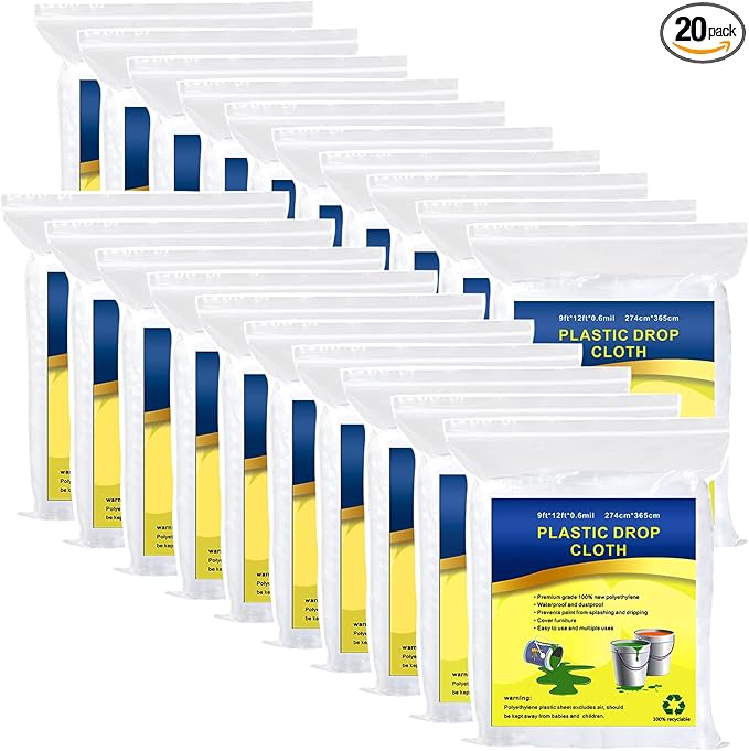 20 Pieces Plastic Drop Cloth, Dust-Proof and Rustproof, 9x12 Feet Tarp by Cedolio