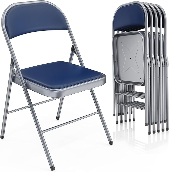 VINGLI 6 Pack Folding Chairs with Padded Seats, Metal Frame with Pu Leather Seat & Back, Capacity 350 lbs, Blue by VINGLI