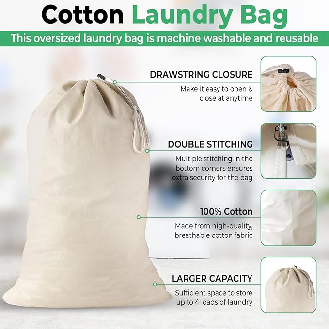 Large Cotton Laundry Bag, Heavy Duty Large Laundry Bags 24 x 36 inch Drawstring - Image 4