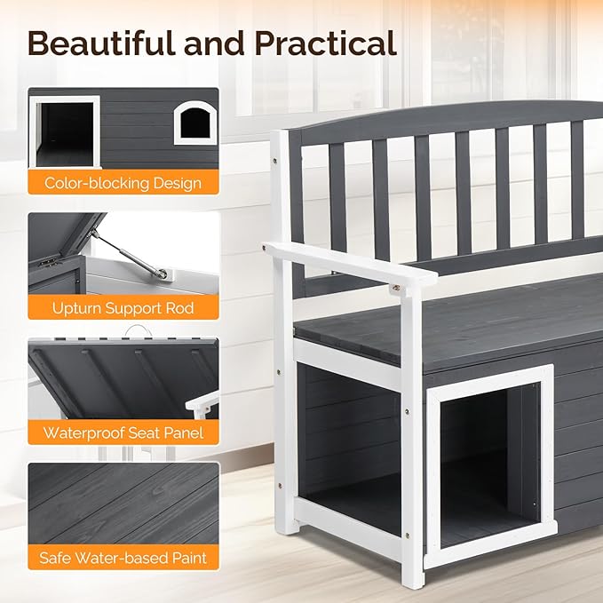 VINGLI Outdoor Storage Bench with Built-in Dog House, 2-in-1 Outdoor Waterproof Patio Bench with Pet Kennel for Patio Backyard Porch (Gray) - Image 5