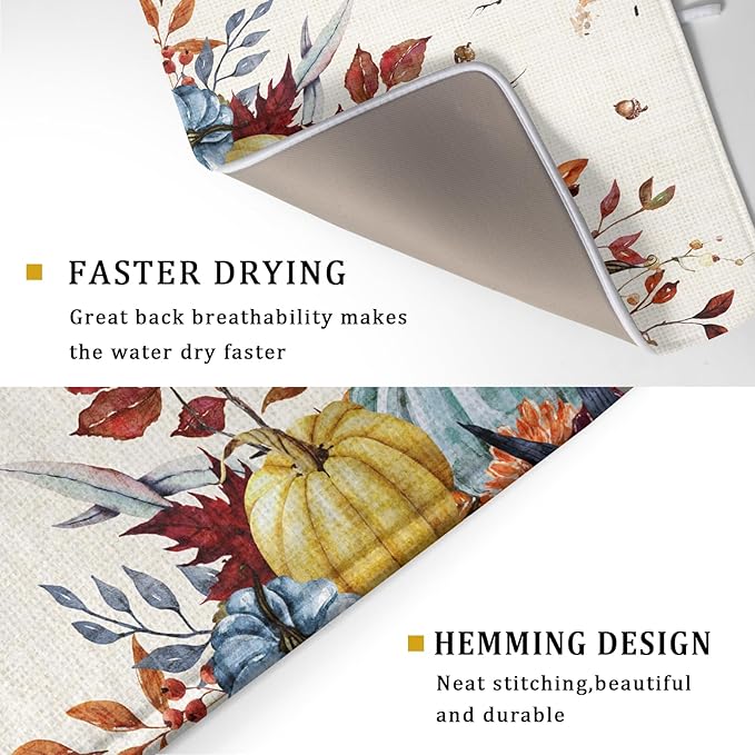 Giwawa Fall Dish Drying Mat for Kitchen Countertop, Watercolor Autumn Teal Blue - Image 3