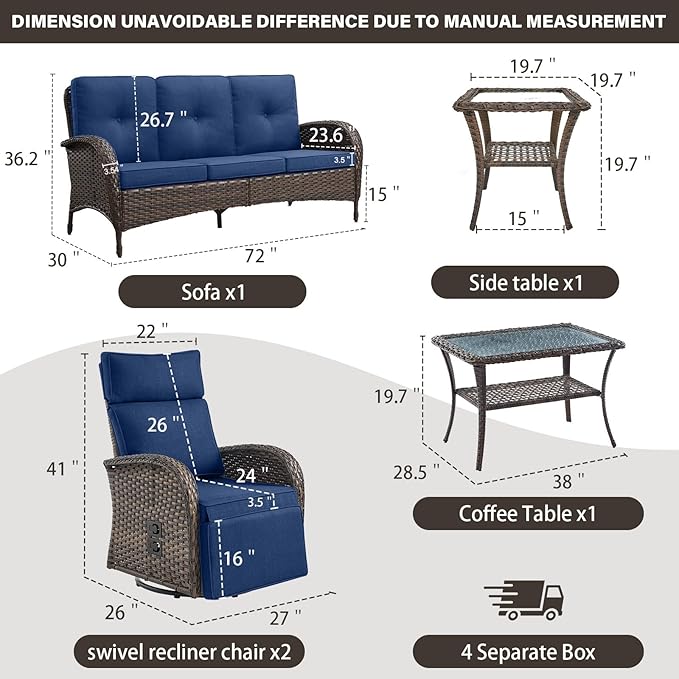 Belord 5 Piece Patio Furniture Set with Swivel Recliner Chair - Outdoor Patio Couch Set, Chaise Lounge Chair Outdoor with Adjustable Backrest and Footrest and Coffee Table for Casual Gathering - Image 3