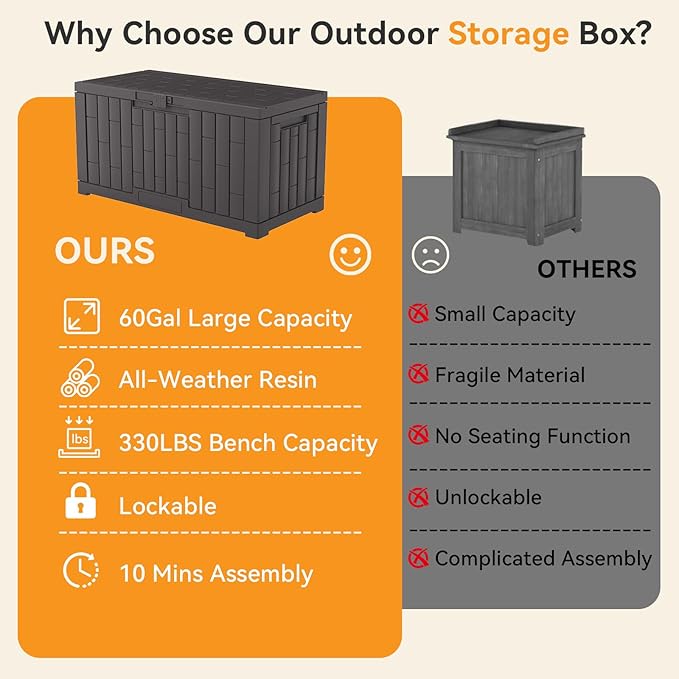 NEWBULIG 60 Gallon Deck Box, Waterproof Outdoor Storage Box with Lockable Lid, Patio Furniture Bench & Side Table, Outside Storage Container, Tool-Free Assembly, for Garden, Pool, Brown - Image 6