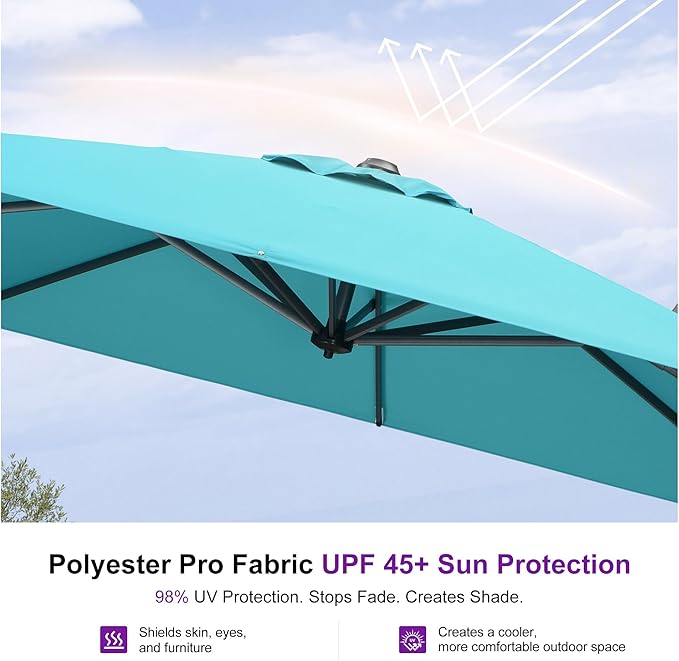 PURPLE LEAF 9'×9' Patio Umbrella with Base Outdoor Cantilever Umbrella with Cover Aluminum Square Offset Umbrella with 360-degree Rotation for Deck Pool Garden Turquoise Blue - Image 6