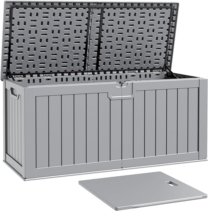 Patiowell 240 Gallon Large Outdoor Storage Box, Waterproof Deck Box with Fixed Divider, Lockable and Durable Patio Storage Solution for Patio Furniture and Garden Tools (Grey) by Patiowell