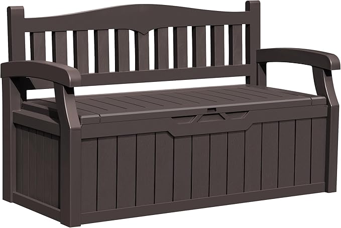 Greesum 80 Gallon Outdoor Storage Bench, Resin Patio Furniture with Armrest,Waterproof and UV-Resistant, Perfect to Garden, Poolside and Lawn, Dark Brown by BuynowfromGreesum