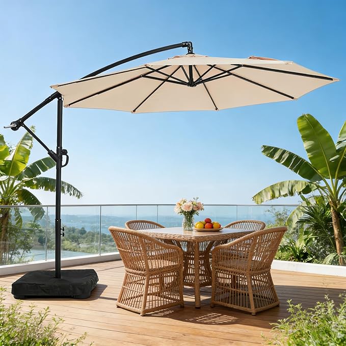 wikiwiki 10ft Patio Umbrella with Base Included, Outdoor Offset Cantilever Umbrella with Sandbag Base for Backyard, Garden and Pool, Easy to Tilt and Crank, Beige by WikiwikiPatioUmbrellas