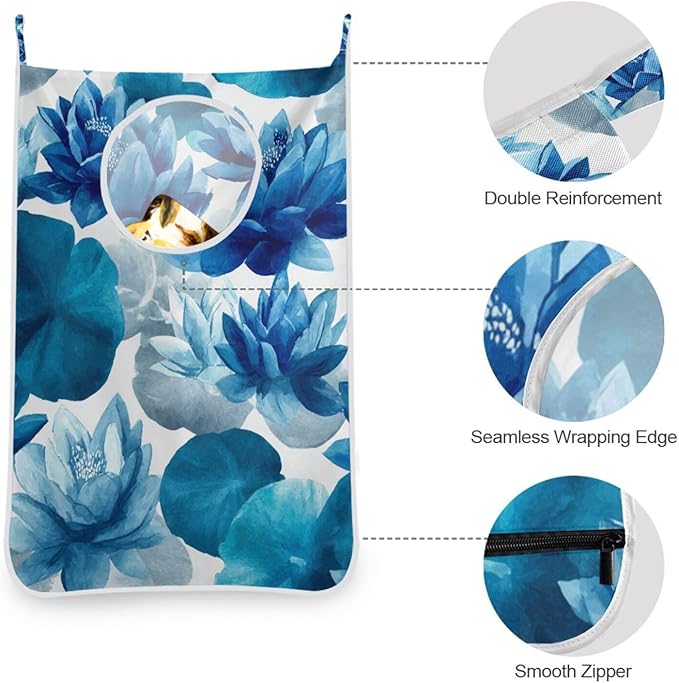 Ink Blue Lotus Flower Hanging Laundry Hamper Door Hampers Bag Basket - Image 5