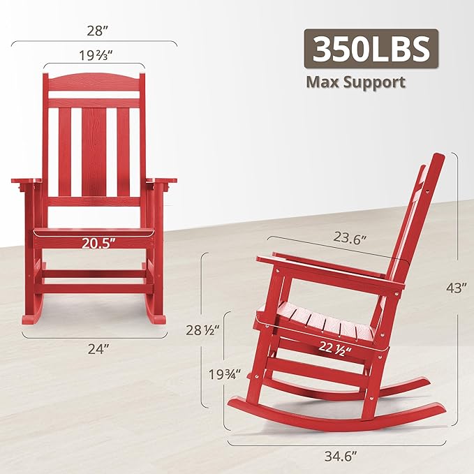 LUE BONA Outdoor Rocking Chairs Set of 4, HDPS Porch Rocker with High Back, Plastic Weather Resistant Rocking Chairs for Outdoor Indoor, Garden, Backyard, 350lb, Bright Red - Image 2