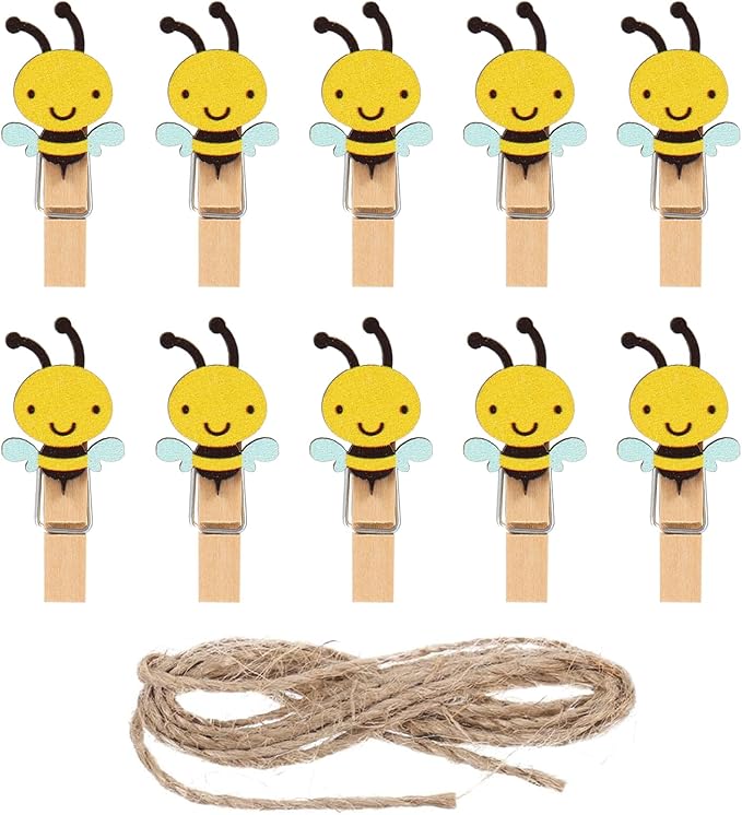 50Pcs Bee Wooden Clip with Jute Twine Cute Clothespin Craft Clip Decorative by FYSUIMU