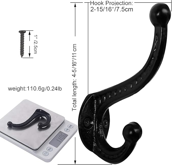 WEBI Rustic Coat Hooks:5 Cast Iron Hooks - Image 2