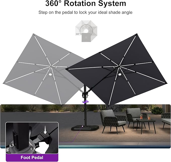 PURPLE LEAF 10 Feet Patio Umbrella with Base Outdoor Cantilever Solar Powered LED Swivel Square Umbrella Aluminum Offset Umbrella with 360-degree Rotation for Garden Deck Pool Patio Light Grey - Image 8