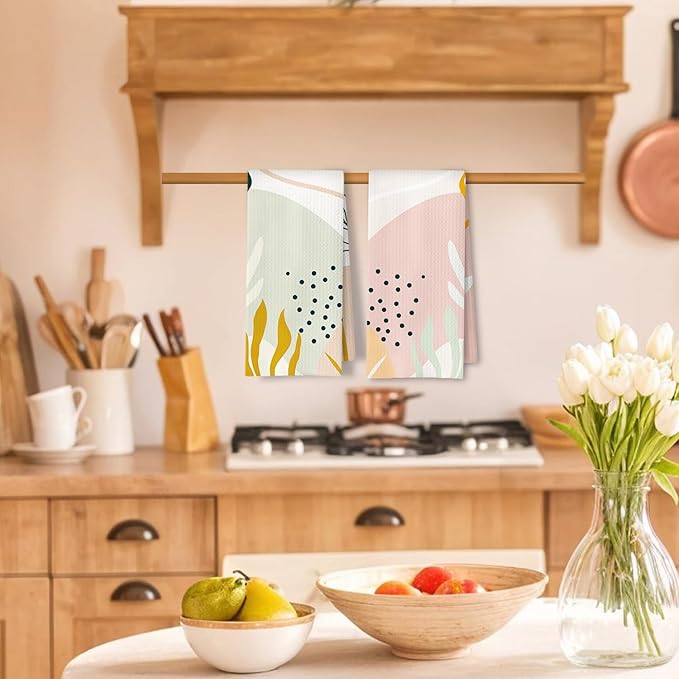 Abstract Boho Floral Kitchen Towels Set of 2, Mid Century Modern Hand Towels - Image 2
