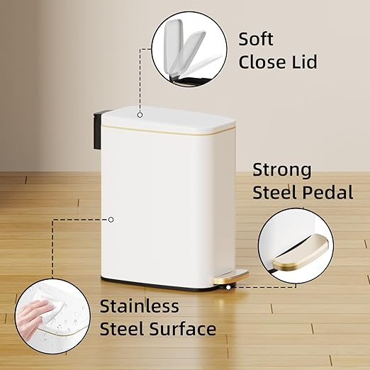 Small Bathroom Trash Can with Lid Soft Close, Step Pedal, 6L / 1.6 Gal - Image 4