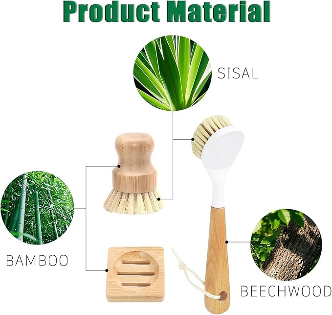 Natural Bristle Dish Brush Set, 1 Wooden Dish Brush and 1 Bamboo Dish Brush - Image 8