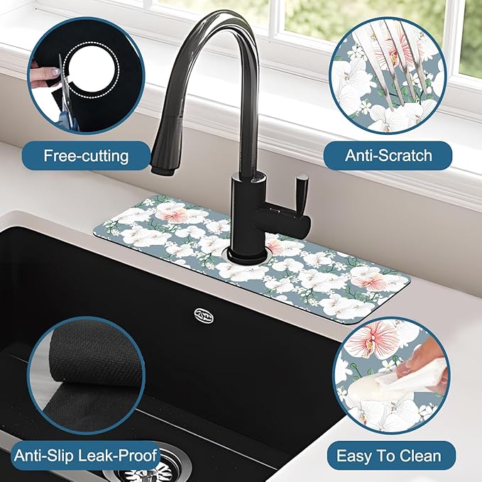 Colorful Wildflowers Kitchen Sink Splash Guard Faucet Mat White Orchid Super - Image 4