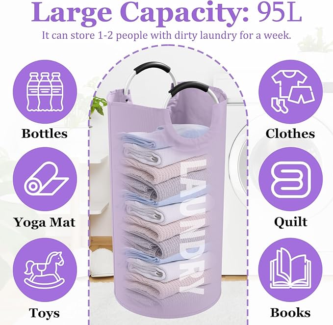 2Pack 95L Purple Collapsible Laundry Basket - Image 2