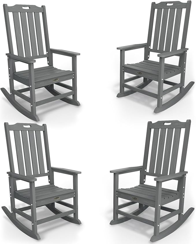 Oversized Rocking Chair Set of 4, Outdoor Rocking Chair for Adults, All Weather Resistant Porch Rocker for Lawn Garden, Grey by THOEOE