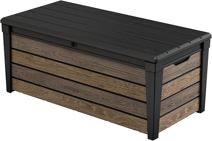 Keter Everwood 120 Gallon Resin Signature Collection Large Outdoor Storage Box for Patio Furniture, Outdoor Cushions, Garden Tools and Pool Gear, Walnut by Keter