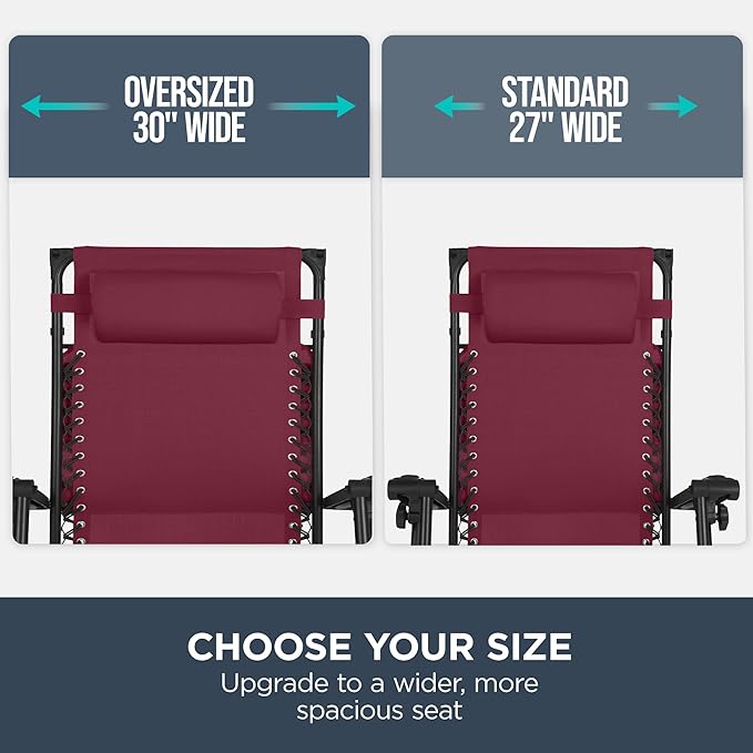 Best Choice Products 30” Wide Folding Zero Gravity Outdoor Recliner Patio Lounge Chair w/Adjustable Canopy Shade, Headrest, Side Accessory Tray - Burgundy - Image 4