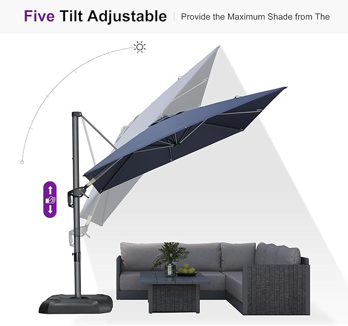 PURPLE LEAF 8'×8' Patio Cantilever Umbrella with Base Included Offset Outdoor Umbrella with cover Square umbrella outdoor patios for Backyard Pool Garden Navy Blue - Image 8