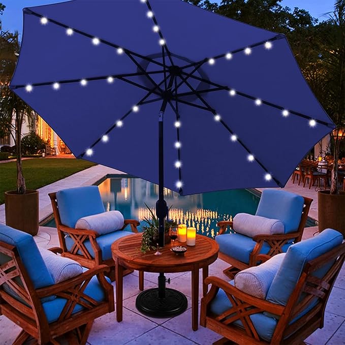 Blissun 9 ft Solar Umbrella 32 LED Lighted Patio Umbrella Table Market Umbrella with Tilt and Crank Outdoor Umbrella for Garden, Deck, Backyard, Pool and Beach (Navy Blue) - Image 6