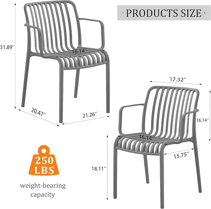 Patio Dining Chairs Set of 4, All-Weather Outdoor and Indoor Stackable Chairs with Curved Back, Waterproof for Patio, Deck, Porch, Backyard, Restaurant & Cafe Use, Grey - Image 2