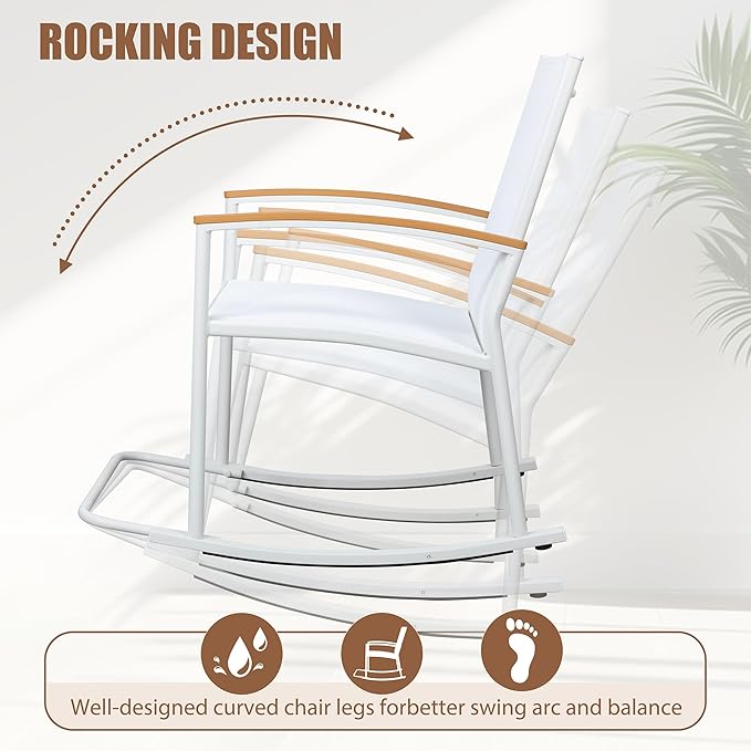 Shintenchi 3 Piece Outdoor Rocking Bistro Set, Textilene Fabric Small Patio Furniture Set, Front Porch Rocker Chairs Conversation Set with Table for Lawn, Garden, Balcony, Poolside (White) - Image 2