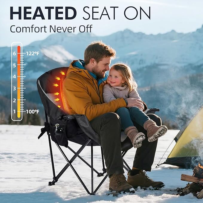 Heated Oversized Camping Chair - Heavy Duty Padded Folding Camping Chairs for Adults with Cooling Bag, Side Pocket, Cup Holder and Carry Bag for Outdoor Sports Lawn Fishing Garden Portable - Image 2