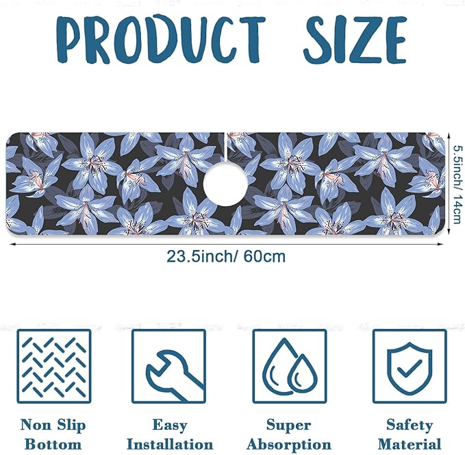 Blooming Lily Sink Splash Guard Faucet Mat Blue Lily Flowers Super Absorbent - Image 2