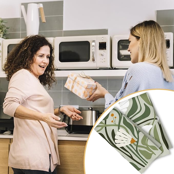 Abstract Boho Sage Green Floral Kitchen Towels Set of 2, 70s Retro Groovy Boho - Image 5