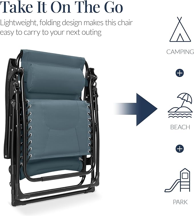 Best Choice Products Oversized Padded Zero Gravity Chair, Folding Outdoor Patio Recliner, XL Anti Gravity Lounger for Backyard w/Headrest, Cup Holder, Side Tray, Polyester Mesh - Slate Blue - Image 5