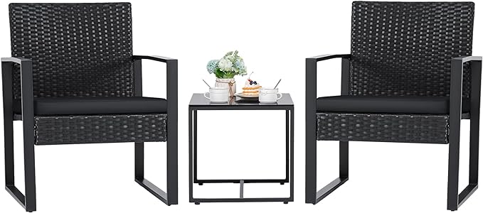 Flamaker 3 Pieces Outdoor Patio Wicker Furniture Set, Modern Rattan Chair Conversation Sets with Coffee Table for Yard and Bistro (Black) by Flamaker
